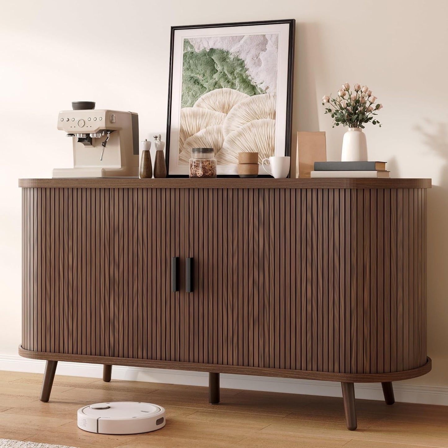 DWVO Fluted Sideboard Buffet Cabinet with Storage,54.3" Wide Curvy Edge Accent Storage with Sliding Door & Adjustable Shelf, Mid Century Modern Console for Living Room, Kitchen, Hallway-Walnut