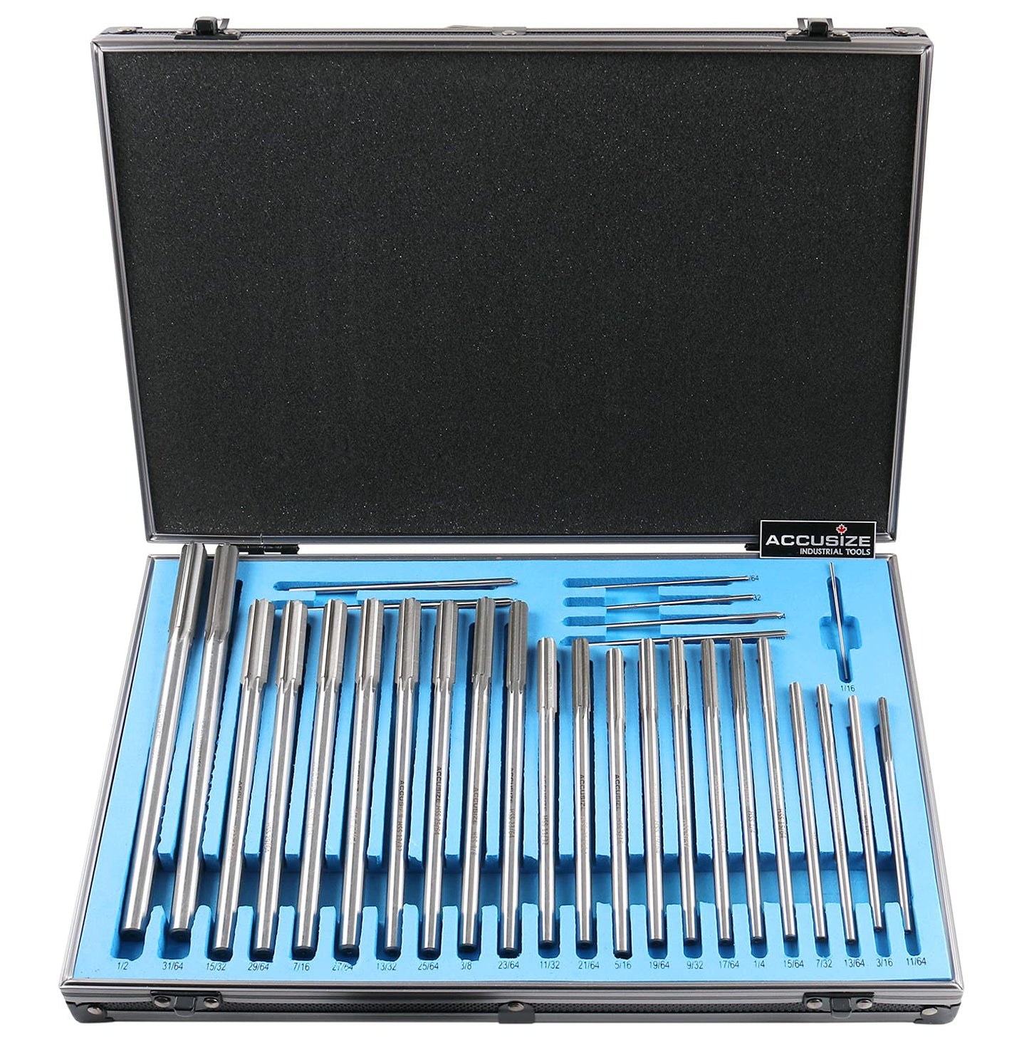 Accusize Industrial Tools 29 Pc Set 1\/16 to 1\/2 inch by 1\/64 in HSS M2 Premium Chucking Reamers, Straight Flute, Aluminum Case, 5528-SF00