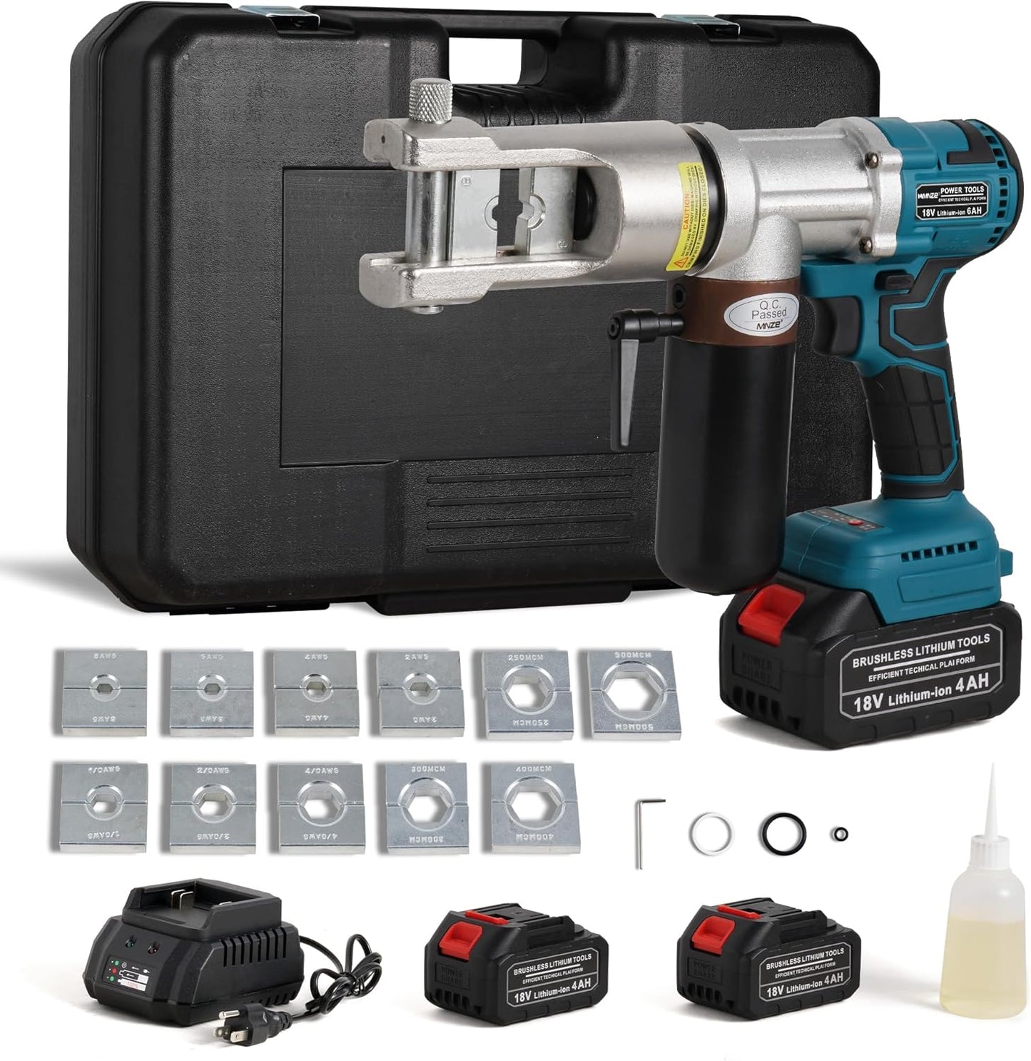 MMNZE Electric Hydraulic Cable Lug Crimping Tool 8 AWG to 500 MCM Rechargeable Hydraulic Electrical Terminal Cable Lug Wire Crimping Crimper Tool Kits with 11 Dies