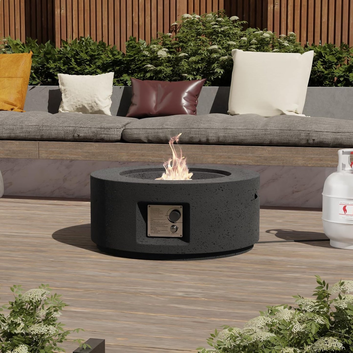 SUNBURY Outdoor Fire Pit, 28 inches Round Propane Gas Patio Fire Table 40,000 BTU Concrete Travertine Design, Circular Base Small Firepit with Lava Rocks, Waterproof Cover (Grey)