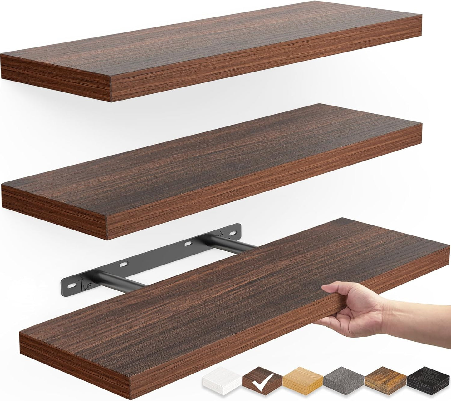 BAYKA Floating Shelves for Wall, Wall Mounted Rustic Wood Shelves for Bathroom, Bedroom, Living Room, Kitchen,Small Hanging Shelf for Books\/Storage\/Room Decor (Walnut-Like, Set of 3, 15.7in)