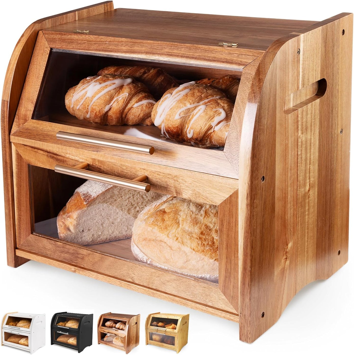 Arise Stylish Acacia Bread Box for Kitchen Countertop, Extra Large 2-Shelf Wooden Bread Storage Container with Clear Windows and Air Vents Keep Bread, Bagels and Rolls Fresh, Self Assembly