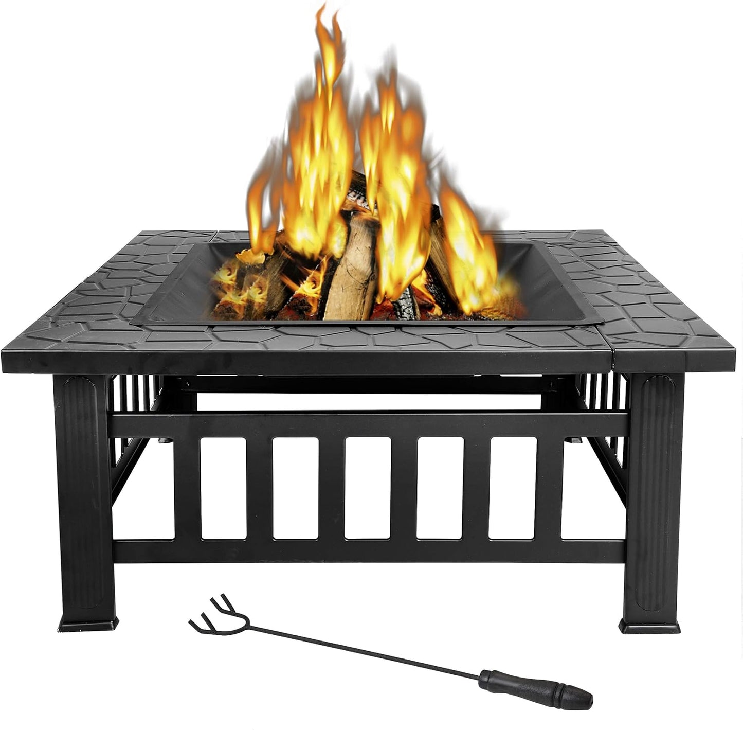ZenStyle 32” Heavy Duty Square Fire Pit Outdoor Metal Firepit Wood Burning Fireplace w/Waterproof Dust Cover Patio Backyard Garden Stove Faux-Stone Finish