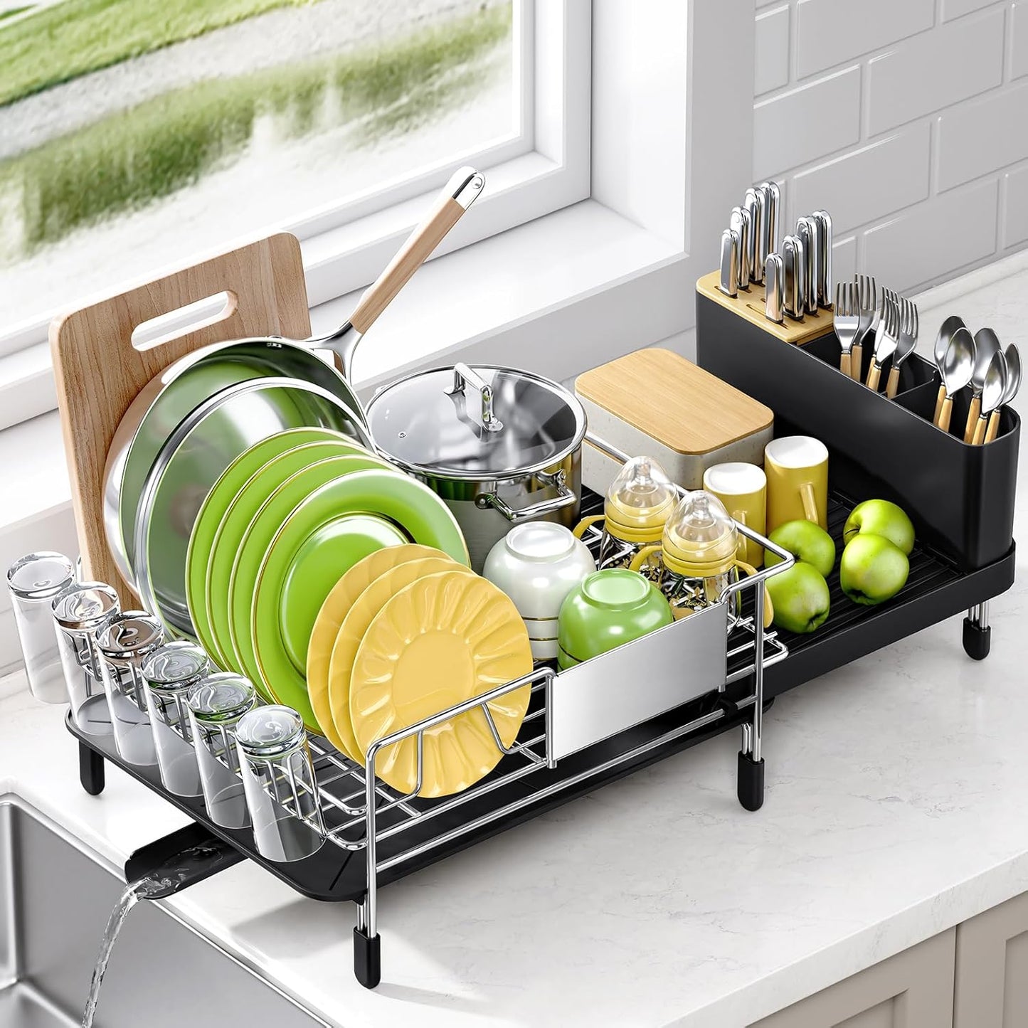 Urackify Dish Drying Rack, Expandable Stainless Steel Dish Rack with Drainboard Set Kitchen Sink Organizer for Counter, Large Capacity Kitchen Accessories, Smooth Water Flow