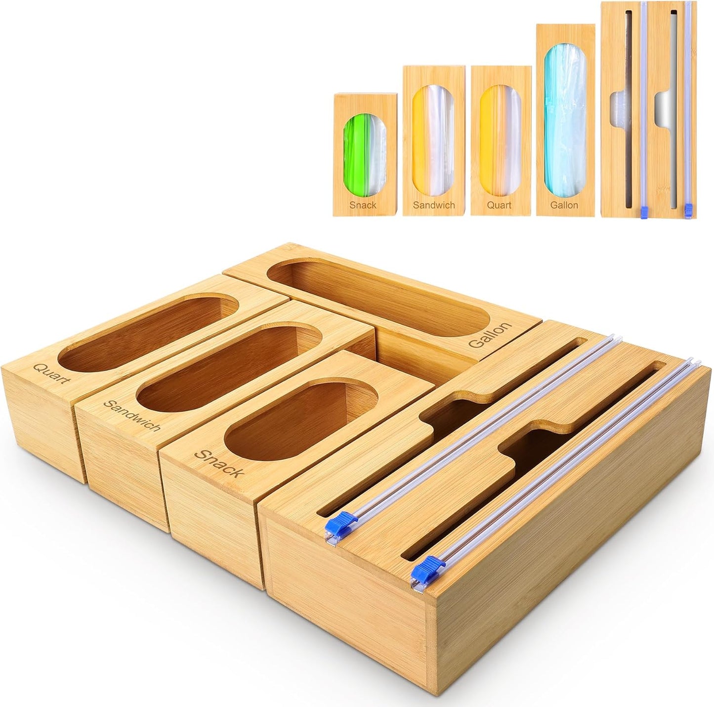 Individual Storage Bag Organizer for Kitchen Drawer, Bamboo with Foil and Plastic Wrap Organizer for Kitchen Organizers and Storage, for Gallon, Quart, Sandwich, Snack