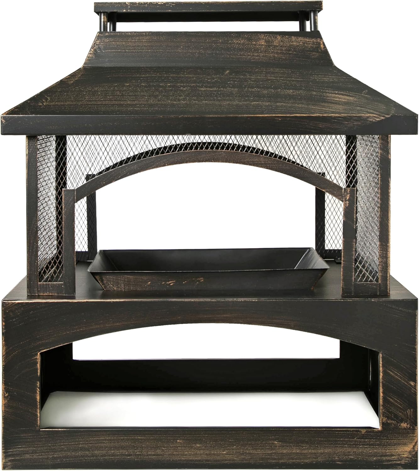 37-Inch Rectangular Metal Outdoor Wood Burning Fireplace - Outdoor Fireplace with Built-in Log Storage and Poker-Brushed Bronze,Log Burner Fire Pit for Patio Garden and Backyard