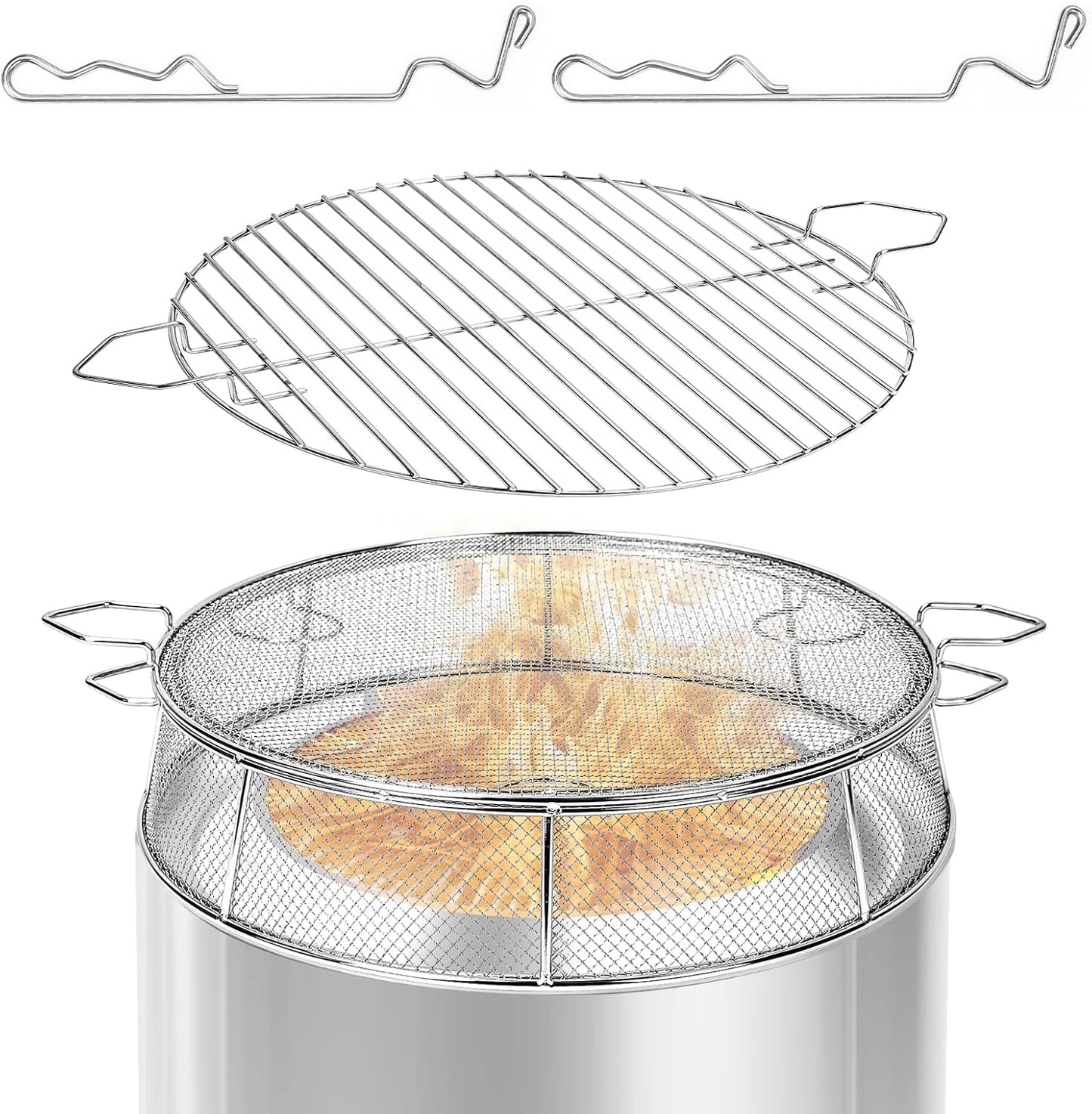 Wanchao Fire Pit Spark Shield Cover & Grill Grate for Solo Stove Bonfire 19.5",304 Stainless Steel Outdoor Spark Screen with Stand & 2 Guide Sticks,Fire Pit Lid & Cooking Accessories