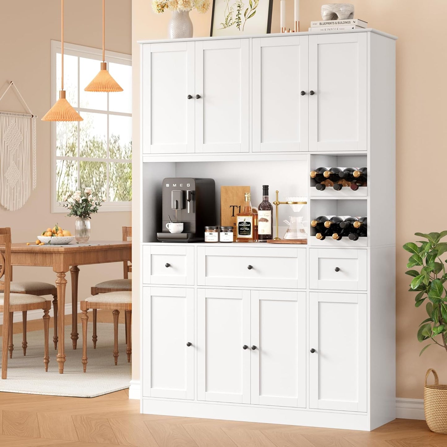 BOTLOG 72" Tall Pantry Cabinet with Wine Rack, Kitchen Pantry Cabinet with Microwave Stand, Large Kitchen Hutch with Drawers, Food Pantry for Dining Room, White