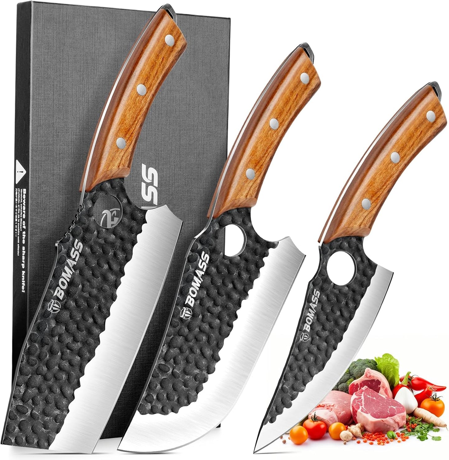 Butcher Knife for Cutting Set of 3, Hand Forged Japanese Meat Cleaver Knife for Cooking, High Carbon Kitchen Knife & Serbian Chef Knife & Boning Knife for Home, Outdoor, Camping, BBQ, Gift for Men