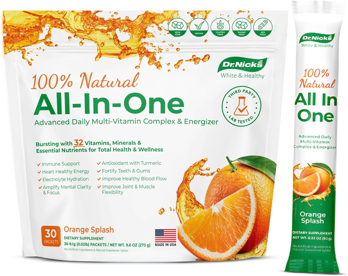 Dr. Nick's Multivitamin Powder for Women and Men, 30 Pack, Orange Splash, Multivitamin for Women with 32 Vitamins and Minerals, Sugar Free, Non-GMO, Vegan, Gluten-Free, Potent Probiotics, Antioxidant