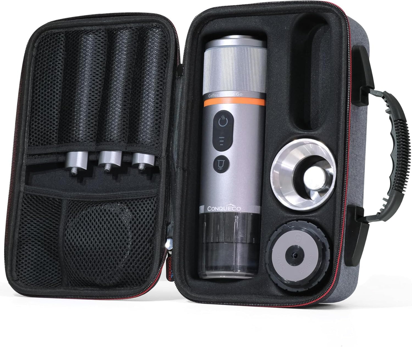 CONQUECO Portable Espresso Machine Travel: 12v Car Coffee Maker Set with Battery for Camping - Small Electric - 2.5 Mins Heating - With Ground Coffee & NS Capsule & Handbag for RV, Hiking, Office