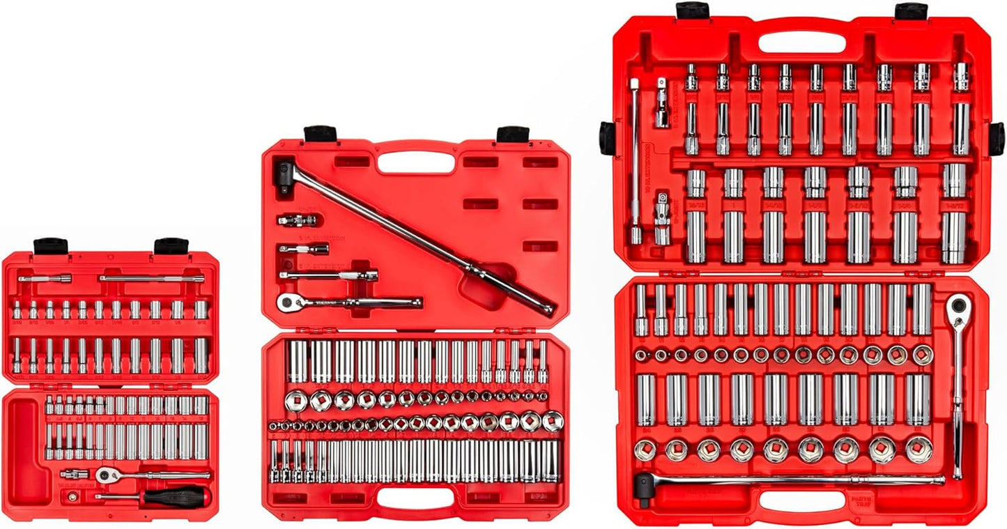TEKTON 1\/4, 3\/8, 1\/2 Inch Drive 6-Point Socket and Ratchet Set with Cases, 212-Piece (5\/32-1-5\/16 in., 4-32 mm) | SKT95304