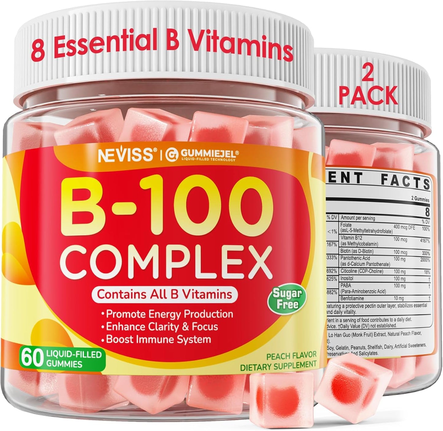 2 Pack Vitamin B Complex Gummies for Women & Men, All B Vitamins - Methyl B12, MTHF Folate, B1, B2, B3, B5, B6, Biotin w\/ Vitamin C, Choline, Inositol, PABA for Energy, Brain & Immunity, Sugar Free