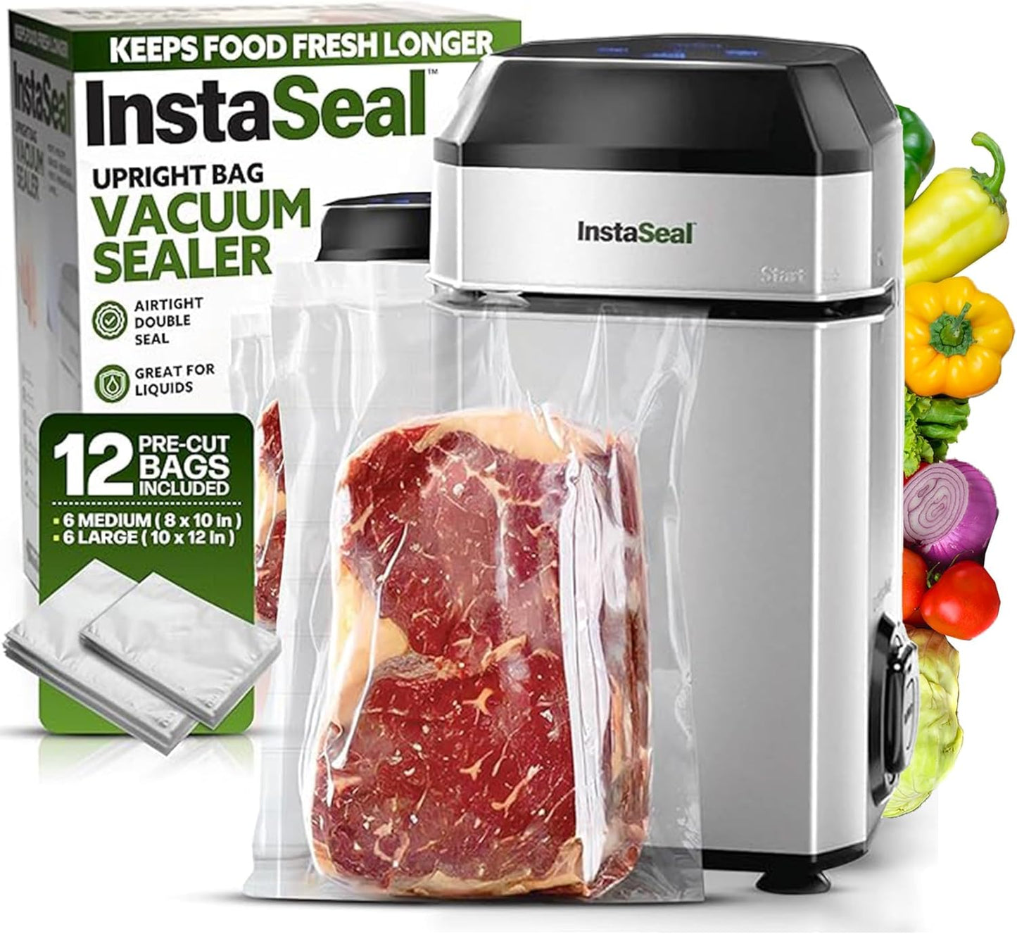 InstaSeal Vacuum Sealer for Food with 12 Bags, Preserves Foods 5x Longer, Space Saving Compact Upright Design Allows Machine to Seal Marinades, Soups, Meats for Sous Vide Cooking, Vegetables