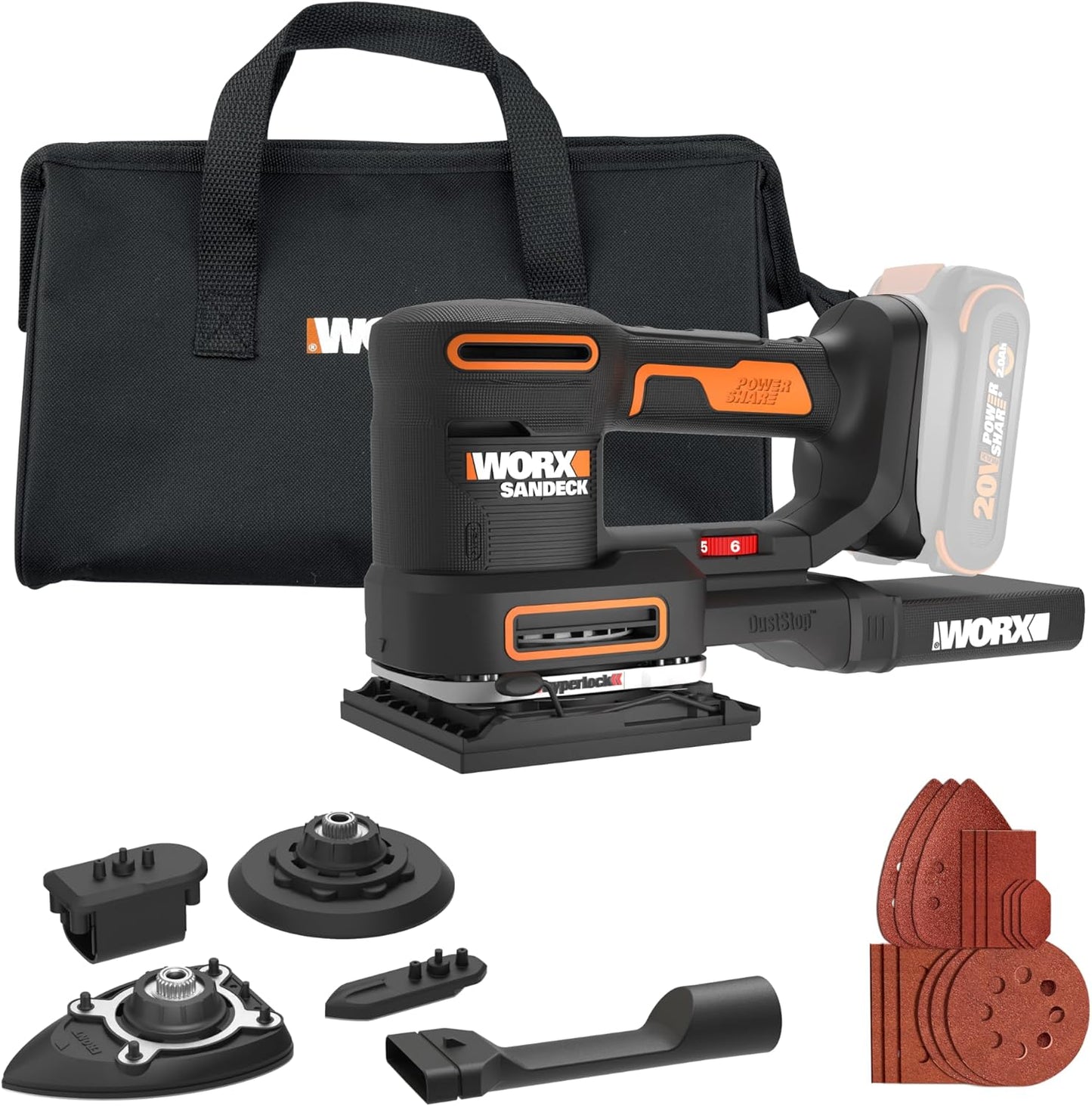 WORX Cordless Sander, 20V 10,000 orbits\/minute Electric Sander, 5-in-1 Functions, Tool-less Sanding Pad Change, Tool Only, PowerShare