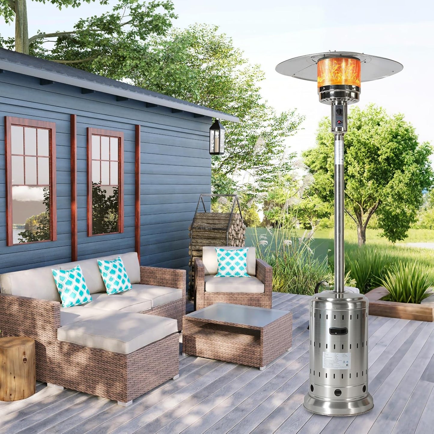 Outdoor Patio Heater, 48000 BTU Outdoor Propane Patio Heaters with Wheels and Cover, Outdoor Stainless Steel Burner Propane Heaters for Outdoor Use, Triple Protection System (Silver)