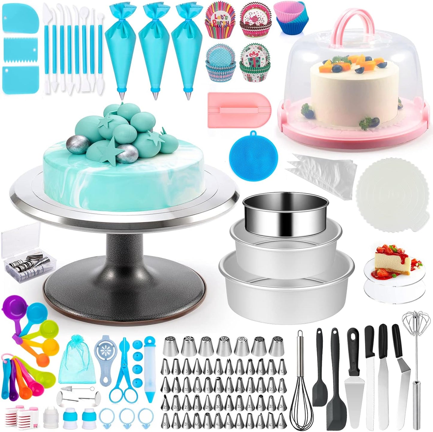 Aluminum Alloy Revolving Cake Stand & Carrier - 268PCS Kit with 54 Piping Tips, Acrylic Cake Discs, Various Spatulas