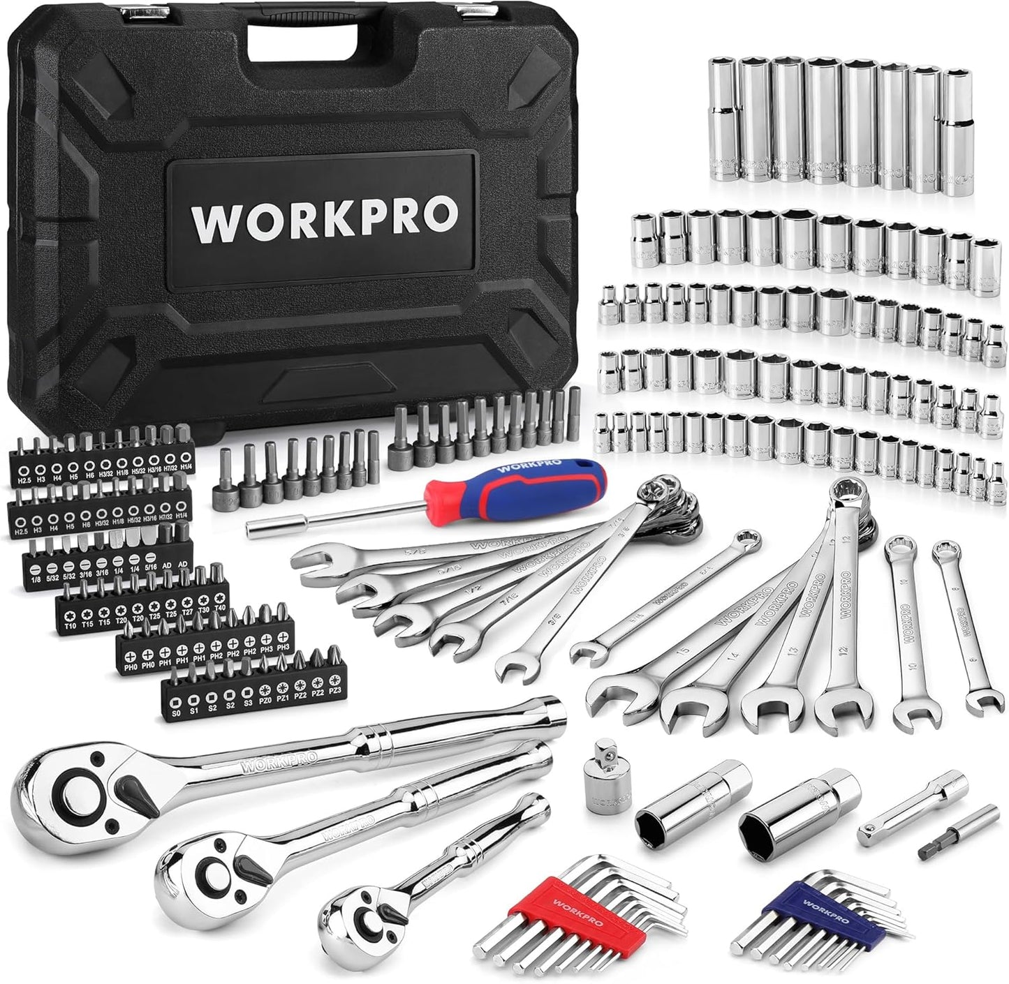 WORKPRO Mechanics Tools Kit and Socket Set, 192-Piece, SAE&Metric, 1\/2'', 1\/4'', 3\/8'' Drive Socket Ratchet Wrench Set with Molded Case