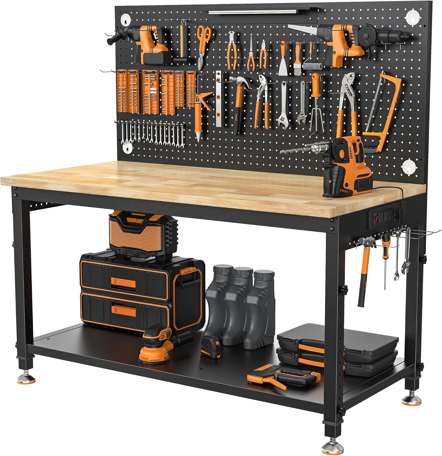 48" Heavy Duty Work Bench Adjustable Height Max Load 2000 LBS with Storage Shelf for Garage Workbench, Rubberwood Tabletop with Pegboard, LED Light, Built-in Power Strip for Woodworking Shop