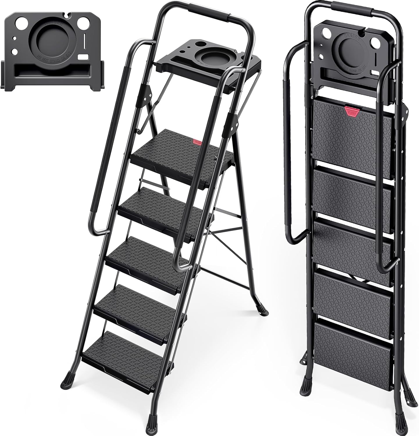 KINGRACK 5 Step Ladder, Folding Step Stool for Adult with Tool Platform, Handrails, Wide Anti-Slip Pedals, Pass 800lbs Load Testing, Portable Safety Step Stool for Home, Kitchen, Black