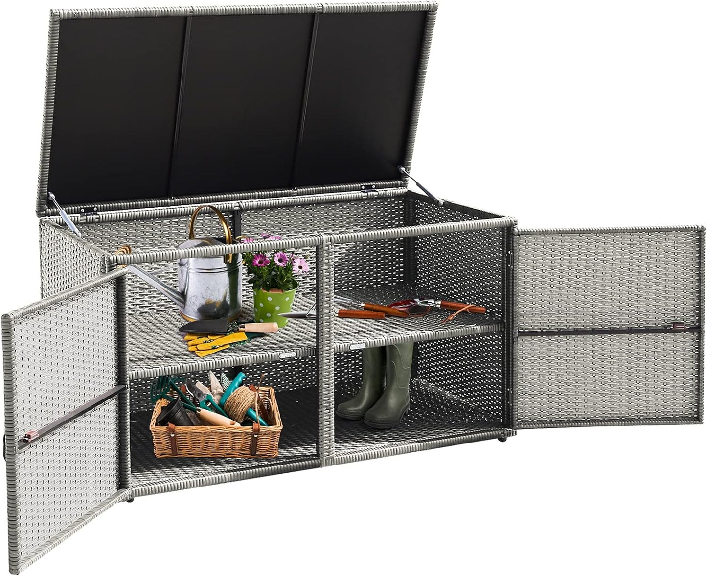 HAPPYGRILL Deck Box Outdoor Patio Pool Storage Box Outside Rattan Wicker Storage Bin Cabinet with Steel Frame Shelf for Garden Balcony Porch Yard Furniture Tools