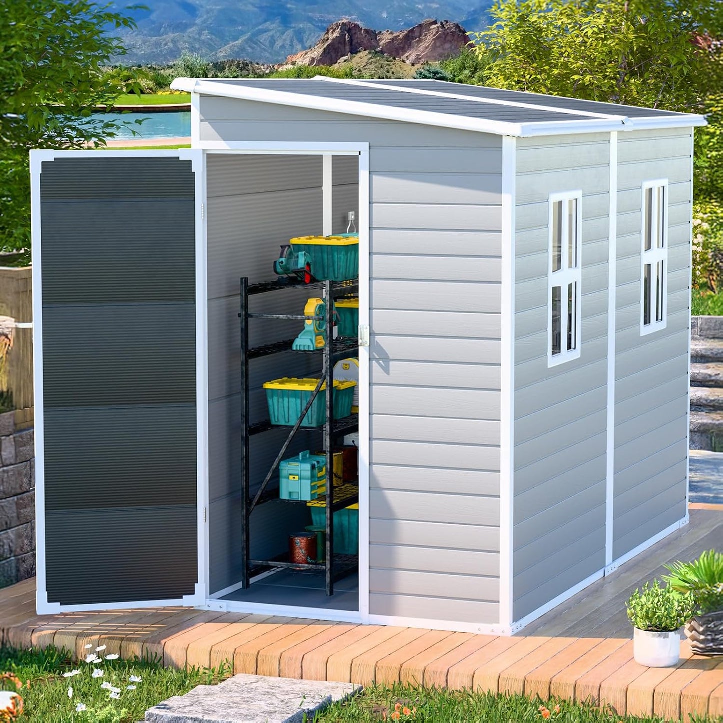 4x8 FT Lean-to Resin Shed with Floor Included, Waterproof Plastic Storage Cabinet, Garden Tool Shed for Outdoor Wall