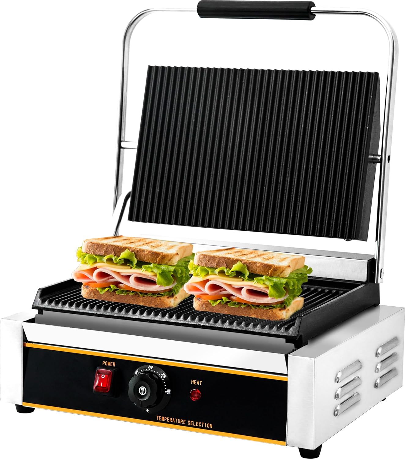 Commercial Panini Press Grill 2200W Countertop Electric Sandwich Maker with Adjustable Temp Control, Grooved Plates Grill, for Burgers Steaks Panini