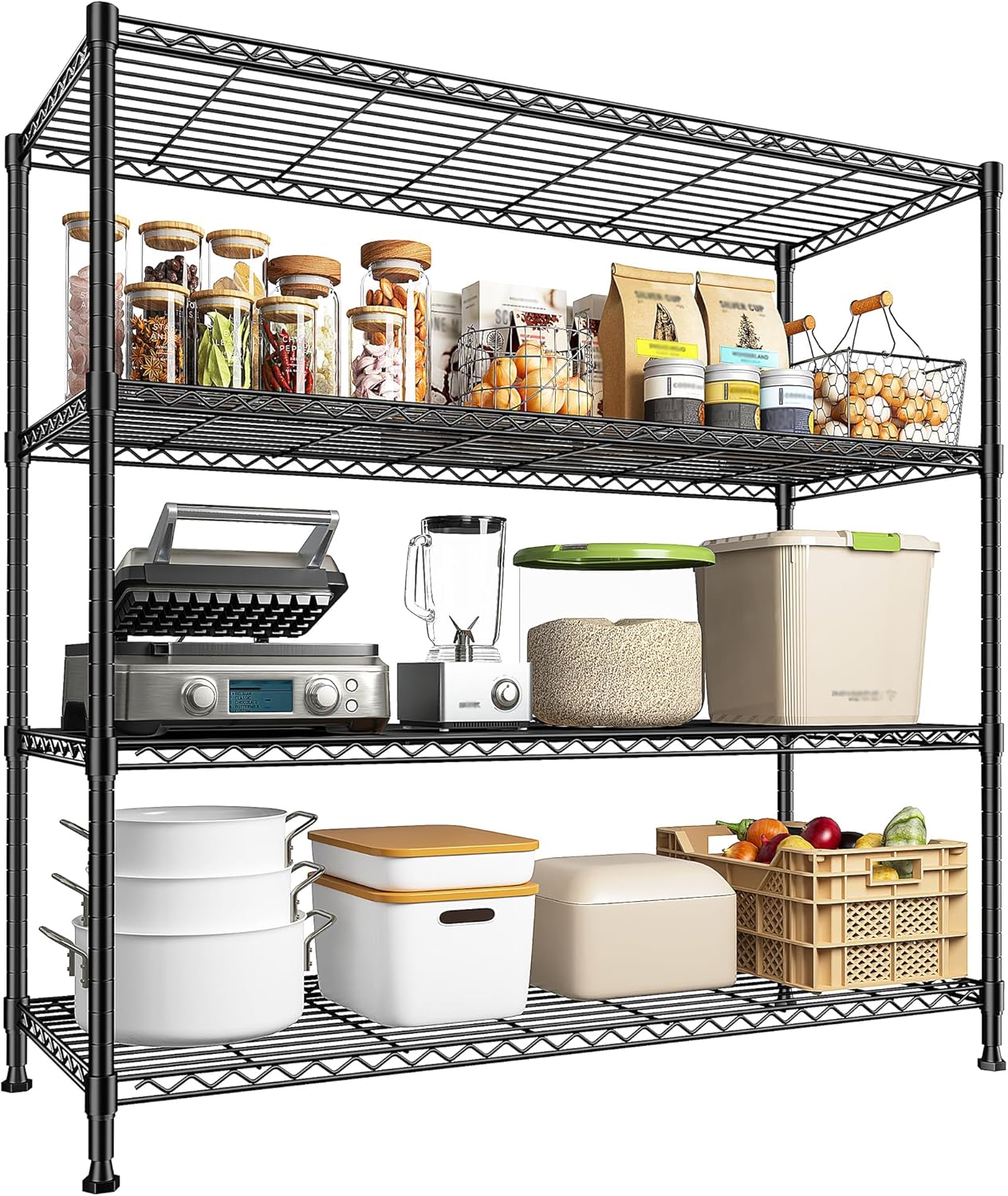 45 "W Metal Shelving Unit 4 Tier Storage Shelves Adjustable Wire Shelving Metal Shelf Pantry Shelves Wire Rack Commercial Shelving for Kitchen Pantry Utility Room Garage 45 "W x 59.4 "Hx 13.5" D Black