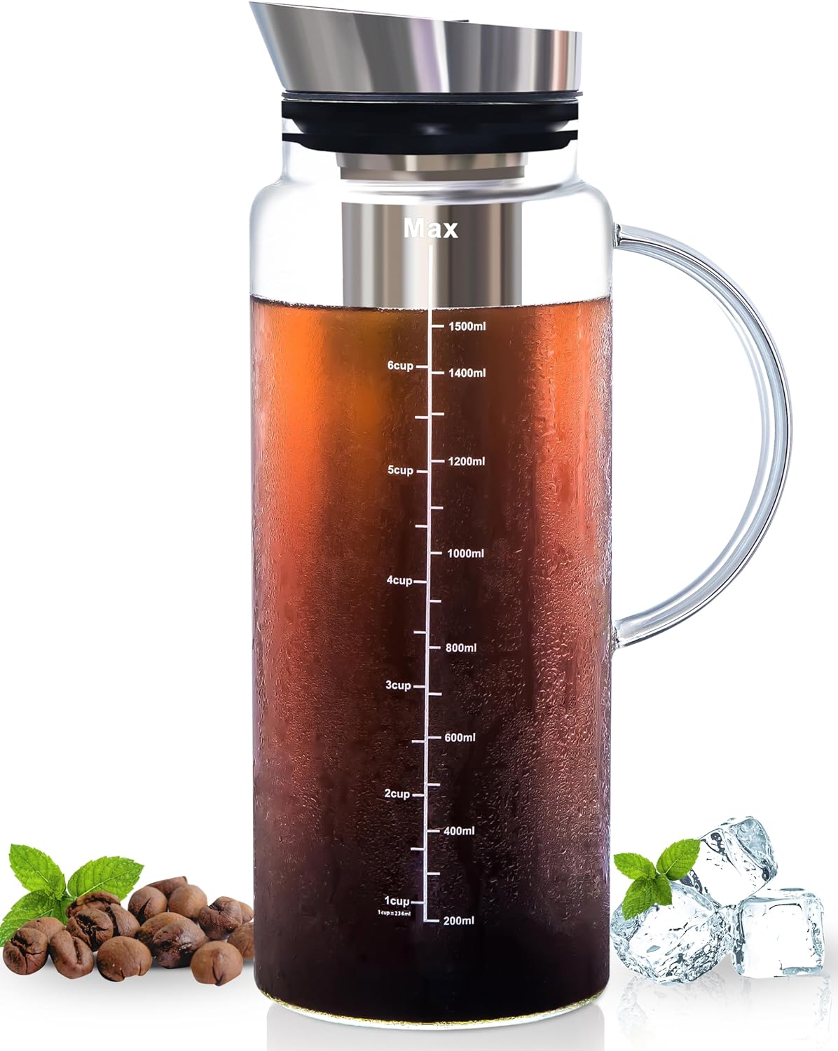 Aquach Cold Brew Coffee Iced Tea Maker & Fruit Pitcher - Large Capacity 51 Ounces - with Durable Glass Carafe\/Fine Mesh Steel Infuser\/Airtight Lid