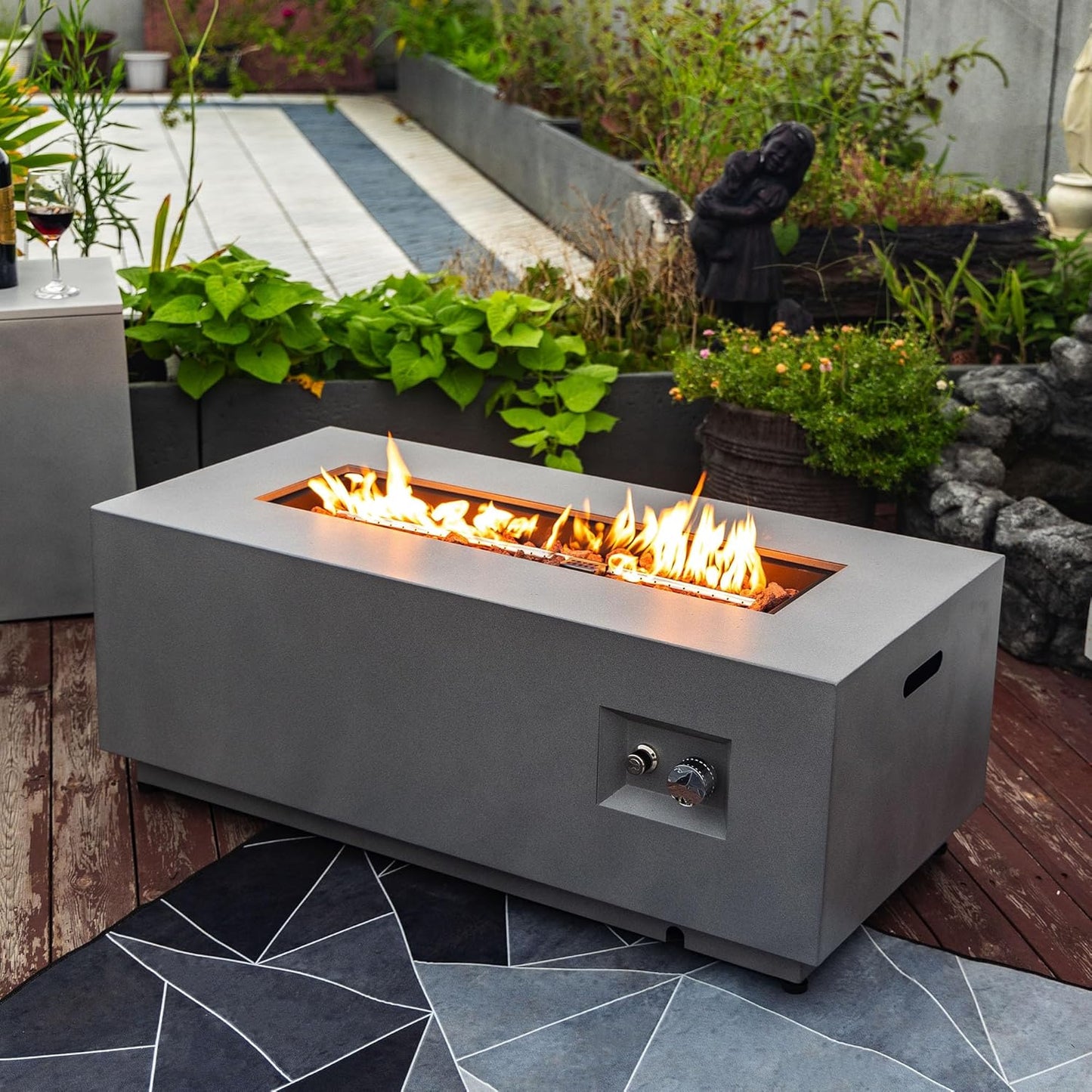 42" Propane Gas Fire Pit Table 2-Pieces, 50000 BTU Rectangular Steel Fire Pit with Glass Wind Guard for Outside Patio Deck Garden Courtyard -Gray