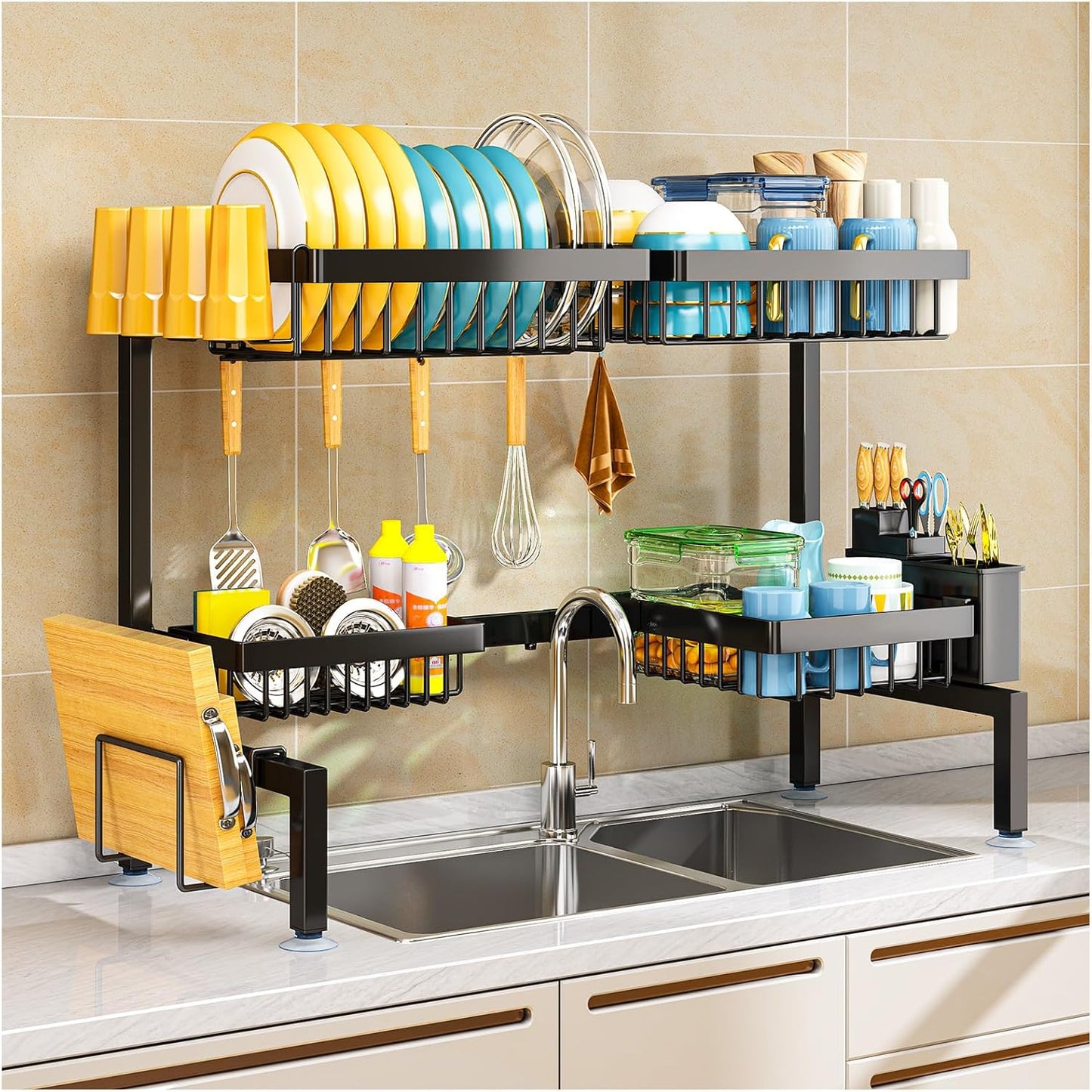 ARSTPEOE 2 Tiers 4 Baskets (one More Than Others) Over The Sink Dish Drying Rack,fits All Sinks (from 24.8" to 35.4"),2-Tier Adjustable Sink Rack,Dishes Rack Kitchen Storage Organizer Space Saving