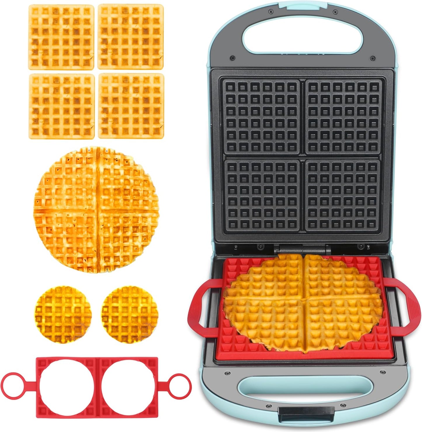Baker's Friend Multi Shapes Waffle Iron, Combo of Mini & Classic Waffle Makers, Belgian & Chaffle Maker, 2 Silicone Molds, Aqua