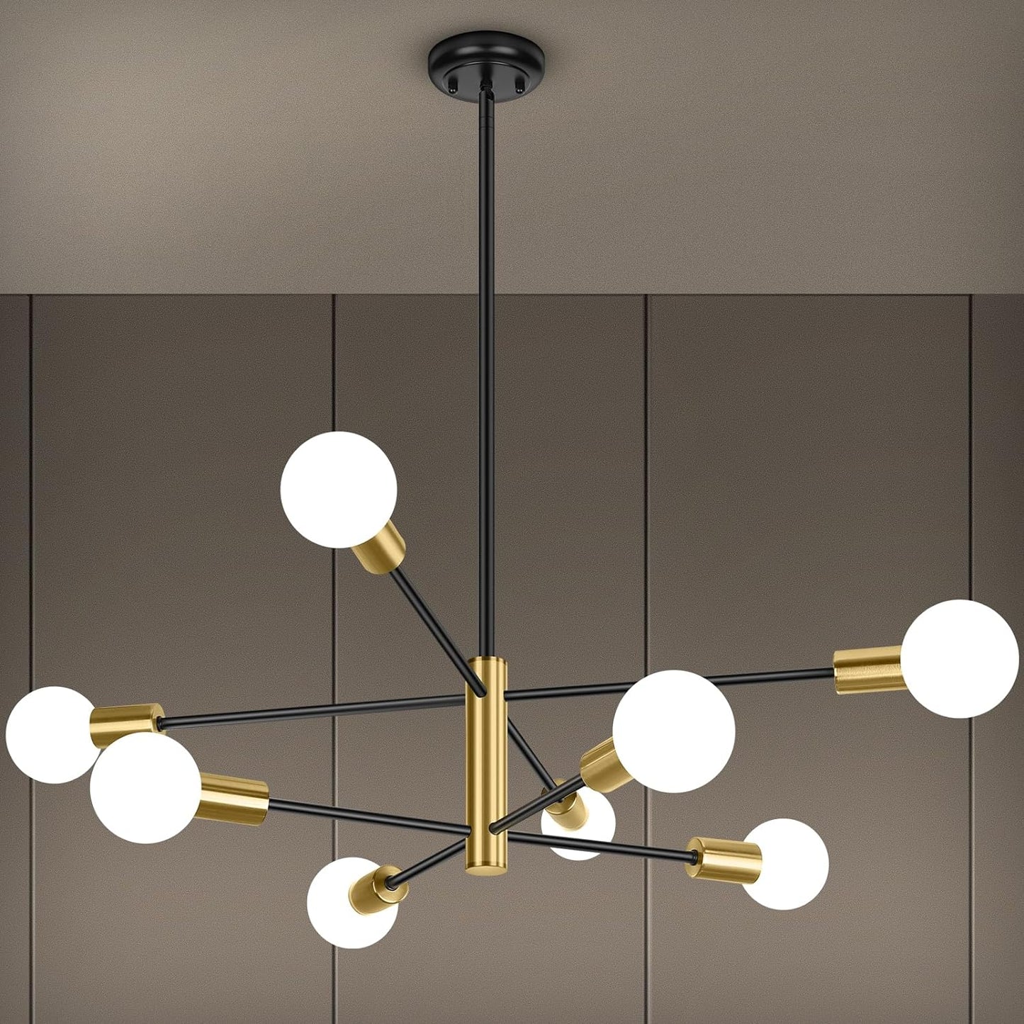 BesLowe 8-Light Modern Sputnik Chandelier, Mid Century Black & Gold Chandeliers Lighting, Farmhouse Ceiling Hanging Light Fixture for Dining Room Bedroom Room Kitchen Foyer, Height Adjustable