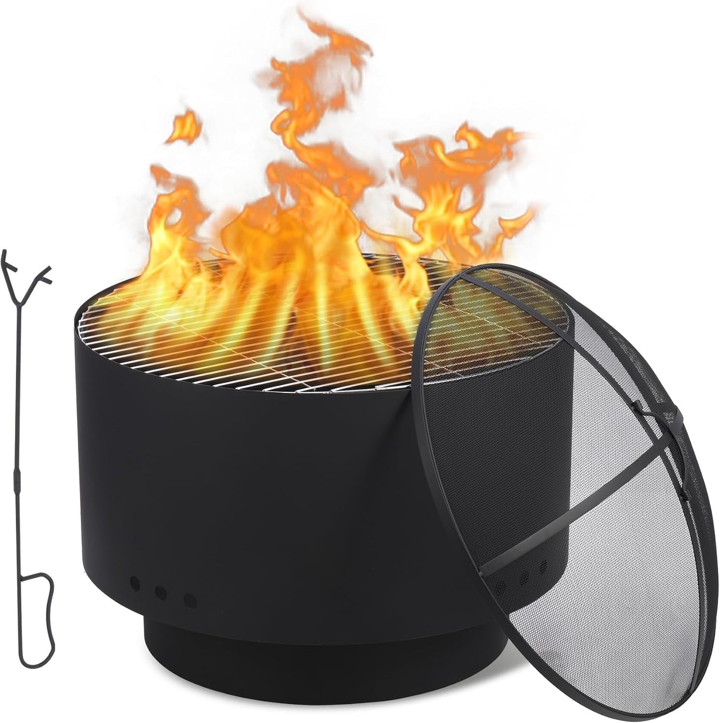 GarveeLife 26 inch Fire Pit, Outdoor Smokeless Fire Pits for Wood Burning, Mesh Lid, Cooking Grate, Cover, Portable Patio Bonfire Pit for Outside BBQ, Yard, Garden, Camping