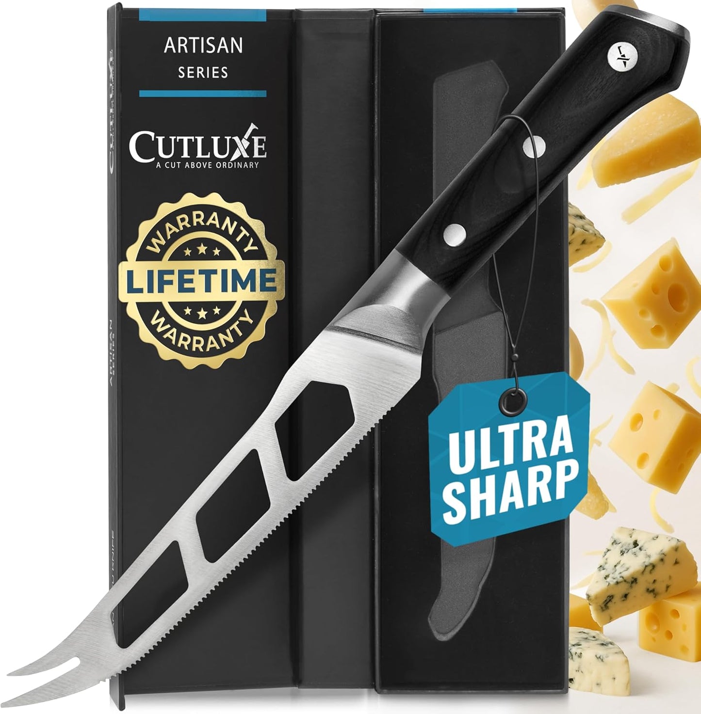 Cutluxe Cheese Knife – 5" Cheese Knife Slicer for Soft and Hard Cheese – Pronged, Serrated & Non Stick Blade – High Carbon German Steel, Full Tang & Ergonomic Handle Design – Artisan Series