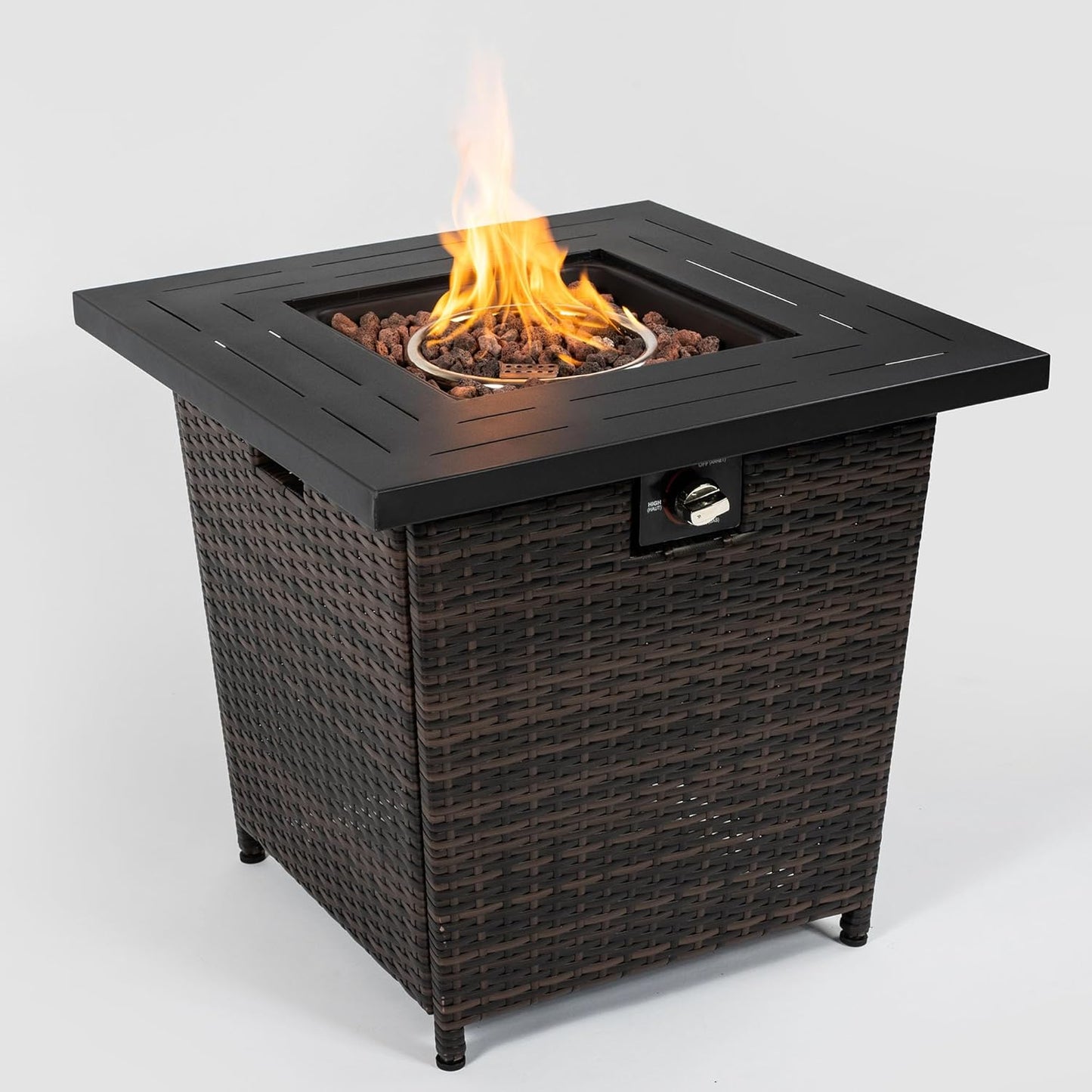 28 Inch Square Fire Pit Table with Handwoven Wicker Base, Black Steel Propane Heater Delivers 50,000 BTU for Patio Deck and Backyard Featuring Durable Weather-Resistant Construction