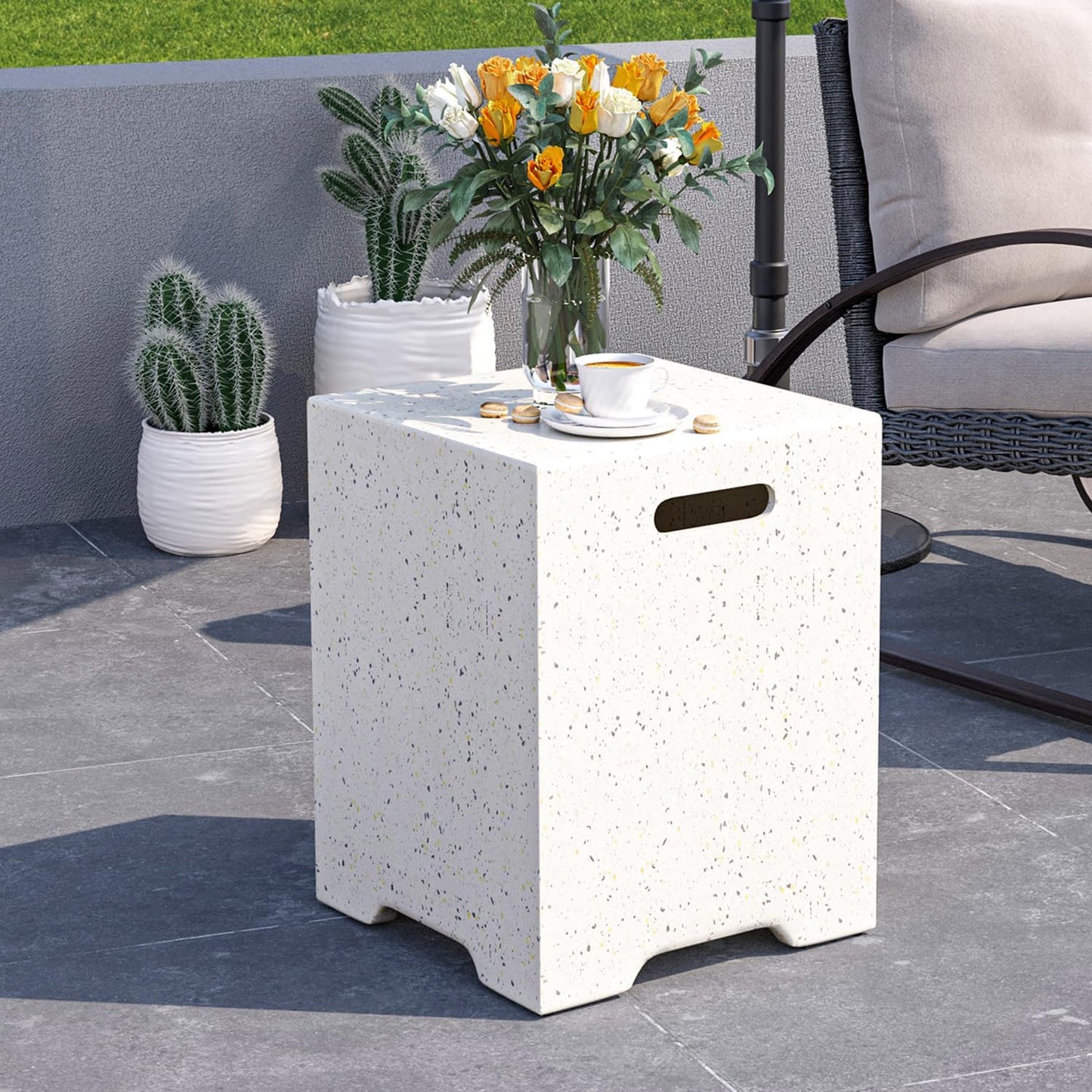 AQUILLA Propane Tank Cover Table, 16 inch Tank Storage Box for 20lbs Propane Tank, Outdoor Hideway Side Table for Propane Fire Pit, Gas Griddle (Spot White)