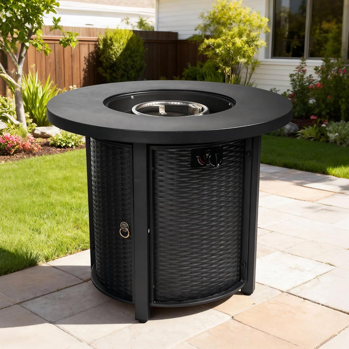 32" Propane Gas Fire Pit Table, 50000 BTU Round Steel Fire Pit with Decorative Volcanic Stones, Protective Cover for Outside Patio Deck Garden Courtyard - Thanksgiving Day Outdoor Furniture, Black