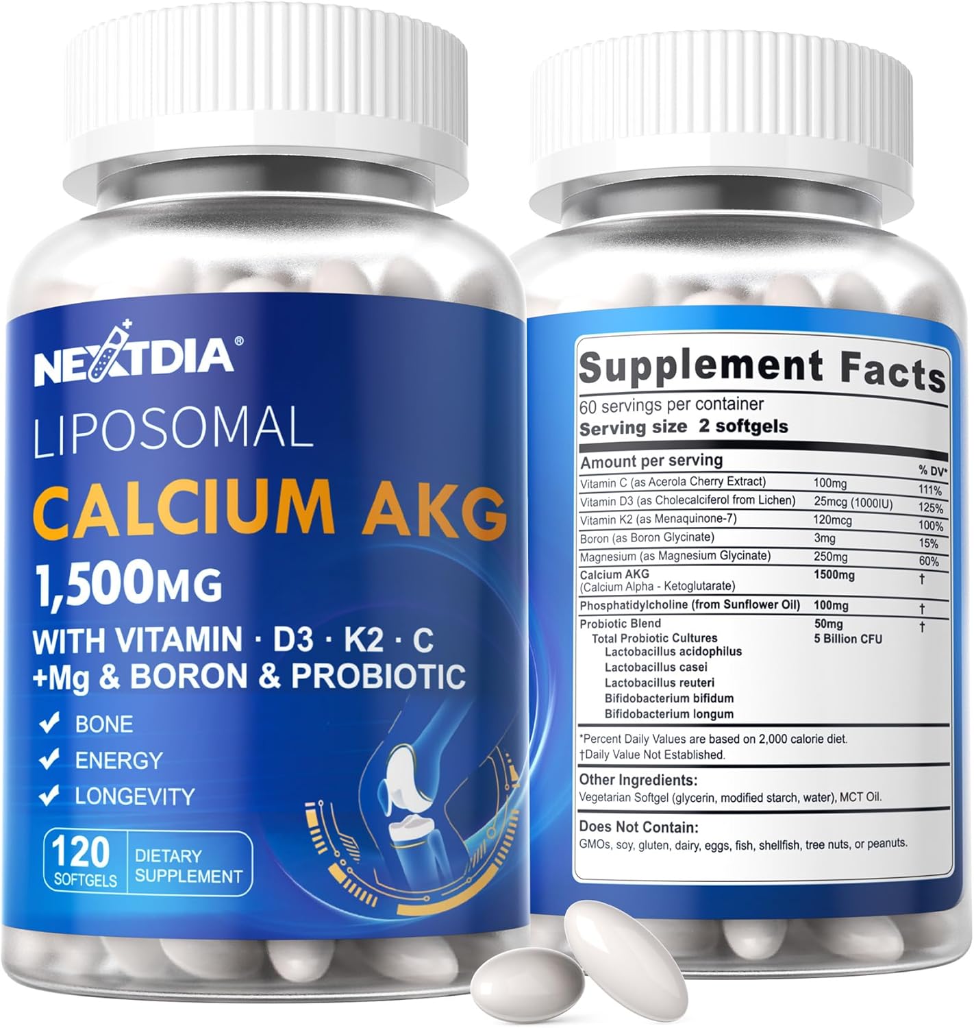 2 Pack Liposomal Calcium AKG Supplement 1500mg with Vitamin D3 & K2 for Women & Men, Calcium Supplement with Magnesium Glycinate, Boron, Probiotics & Vitamin C for Bone Strength & Energy, 240 Softgels
