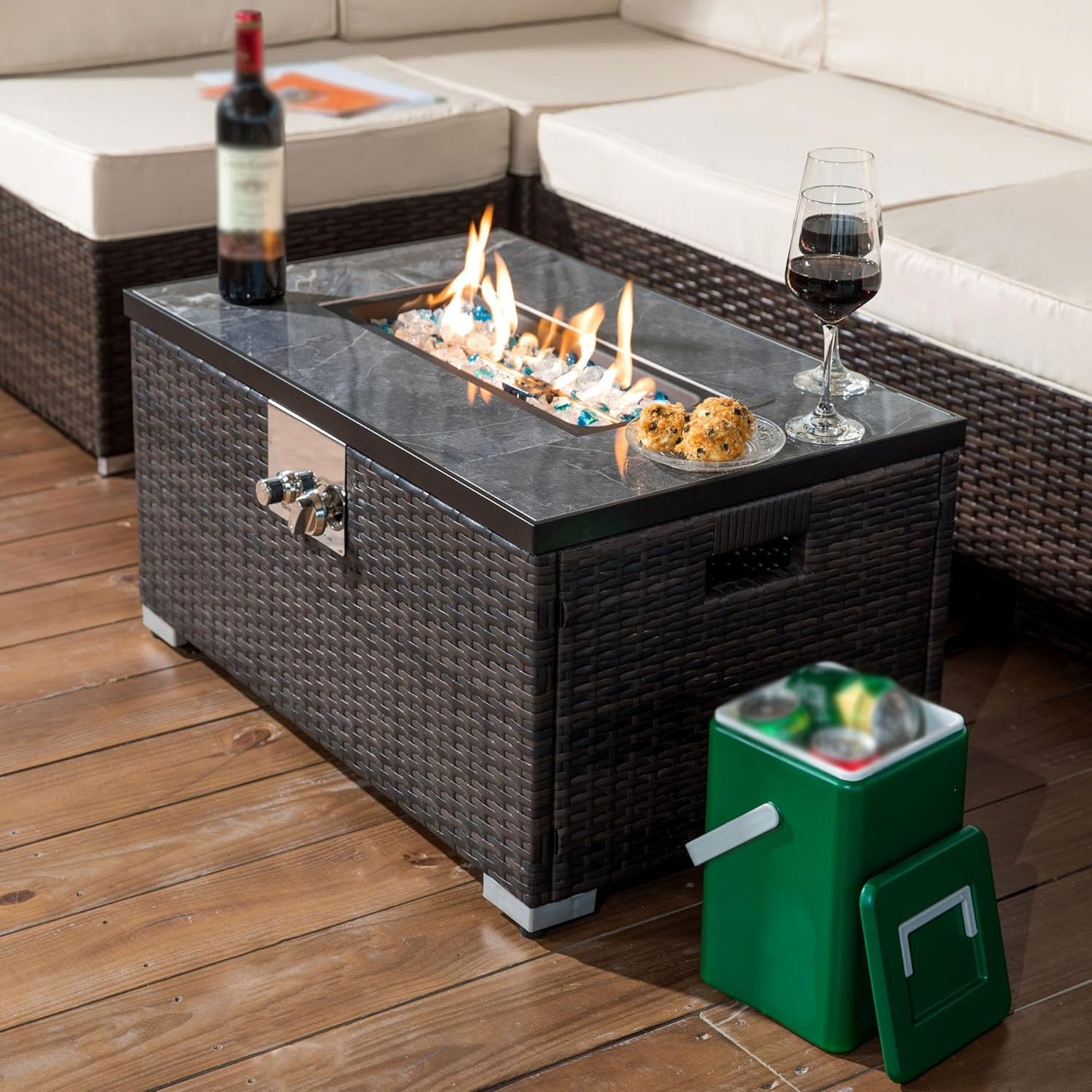 32" Propane Gas Fire Pit Table, Outdoor 50000 BTU Rectangular Fire Pit with Lava Rocks, Cover and Tabletop Lid, Sleek Tile Tabletop with Wicker Base for Patio, Deck, Garden, Courtyard, Brown