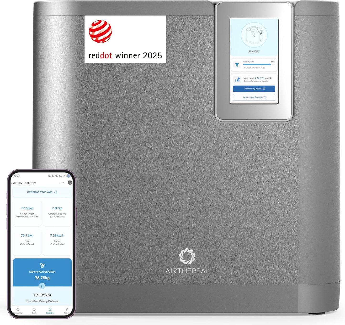 Airthereal Revive R800 5L Smart WiFi Electric Kitchen Composter - Odorless, Self-Cleaning, 3 Modes for Efficient Composting, Reduces Food Waste by 90%, App-Connected for Carbon Footprint Data