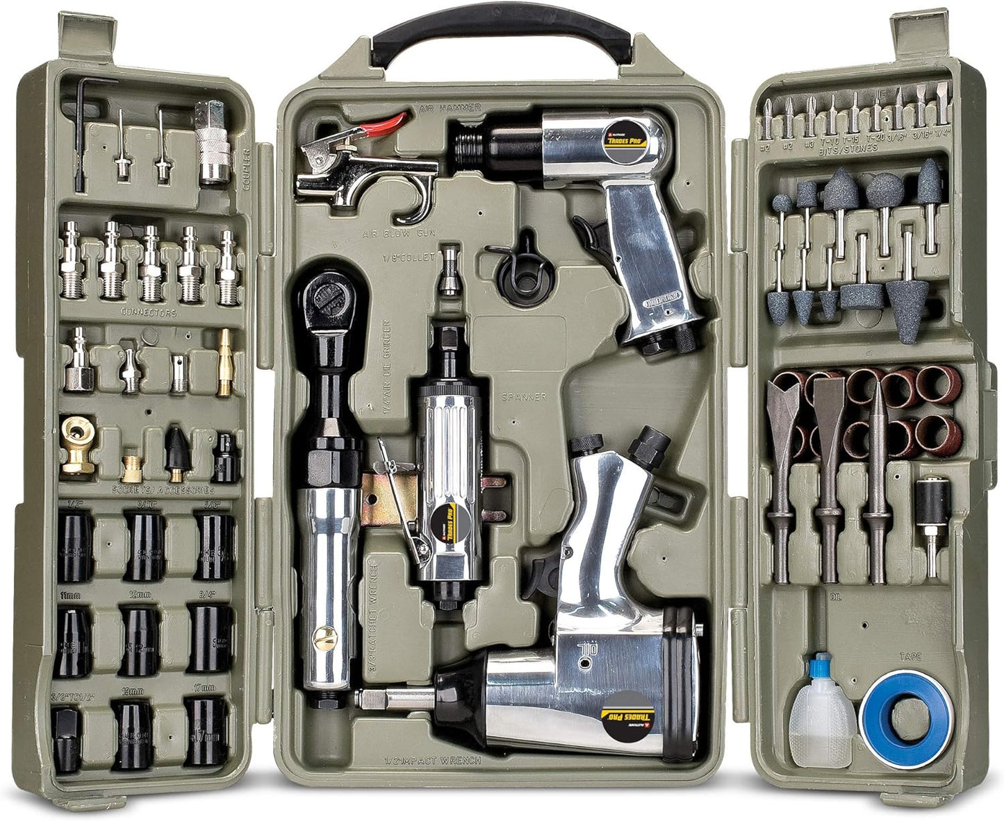 Trades Pro Air Tool and Accessories Kit, 71 Piece, Impact Wrench, Air Ratchet, Die Grinder, Aire Hammer, Hose Fittings, Storage Case - 836668