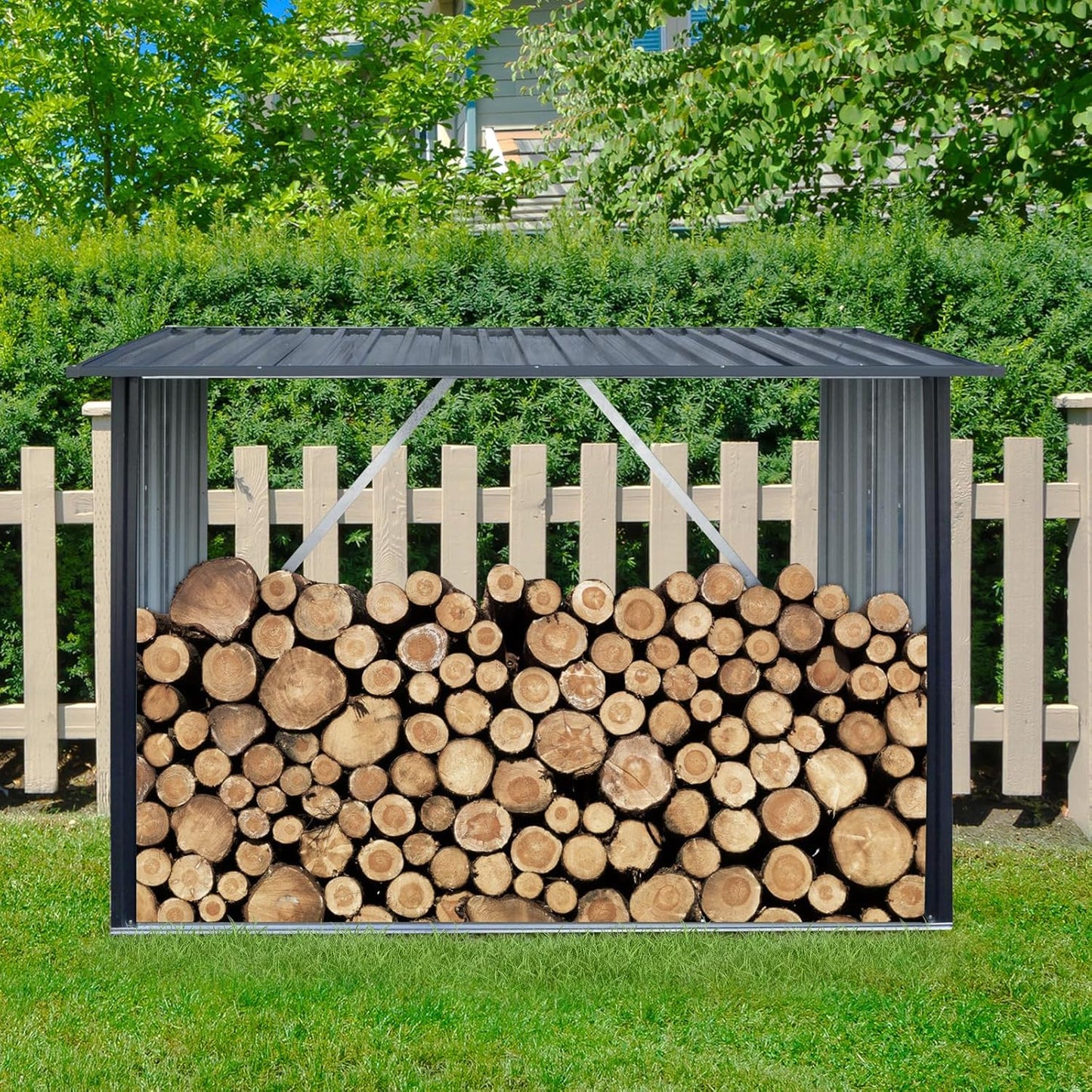 Outdoor Steel Firewood Storage Rack Sloped Roof Open-Front Log Holder Shed Pellets Lumber Ventilated Galvanized Metal Shelter Reinforced Base Rust-Resistant Weatherproof Cover (Black,3x7FT)
