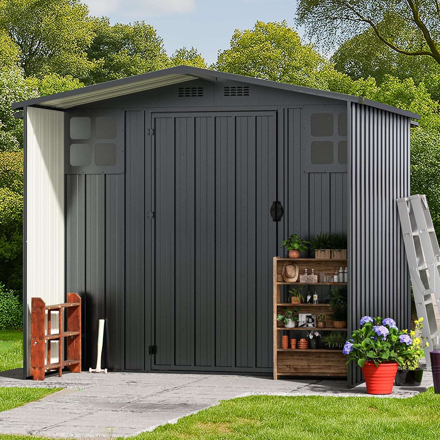 6×6 FT Metal Outdoor Storage Shed with Windows, Lockable Waterproof Sheds & Outdoor Storage, Garden Tool Shed for Lawn Mower & Backyard Patio, Dark Gray (No Floor)