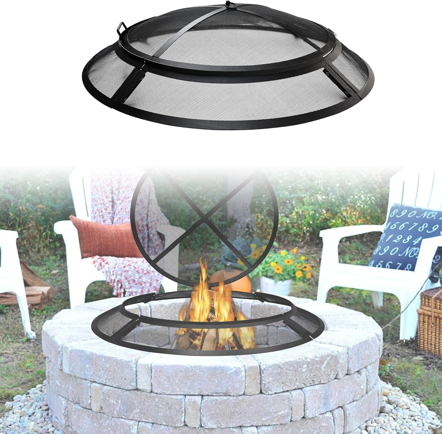 Febtech - Fire Pit Spark Screen 30 inch - Heavy Metal Outdoor FirePit Screen Cover Round with Hook for Easy to Lift Fire Pit Screen 30 inch Round, Firepit Replacement Screen & Fire Pit Insert…