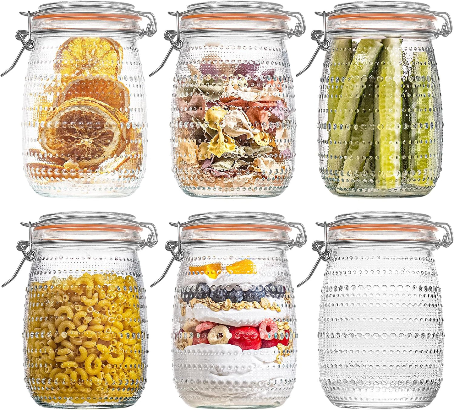 32 Oz Glass Mason Jars with Airtight Lids 6 Pack, Wide Mouth Canning Jars with Clip Top Lids for Kitchen Storage Pickling Salad Jams Coffee Beans