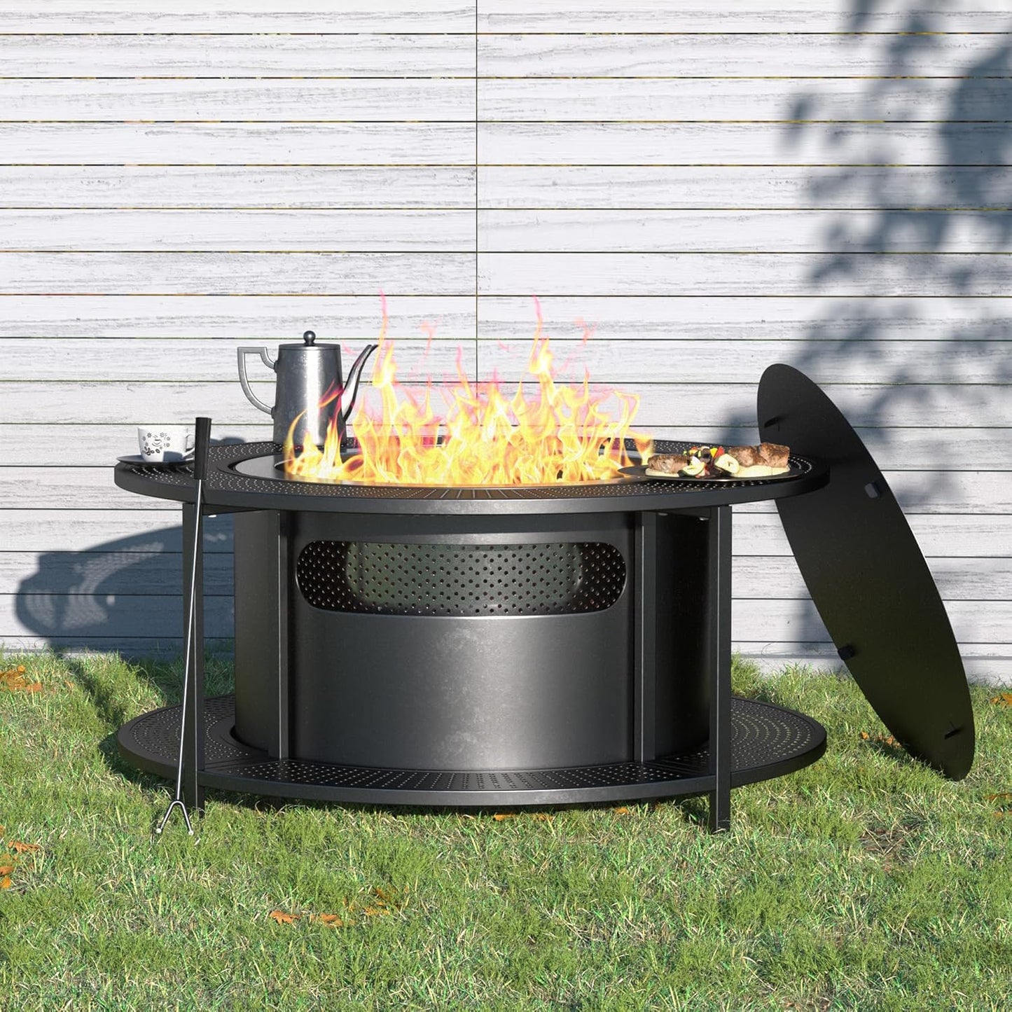 Kullavik 25 Inch Outdoor Smokeless Fire Pit with 37 Inch Surround Tabletop,Stainless Steel Firepit with Weather Resistant Cover,Wood Burning Fire Pit for Outside