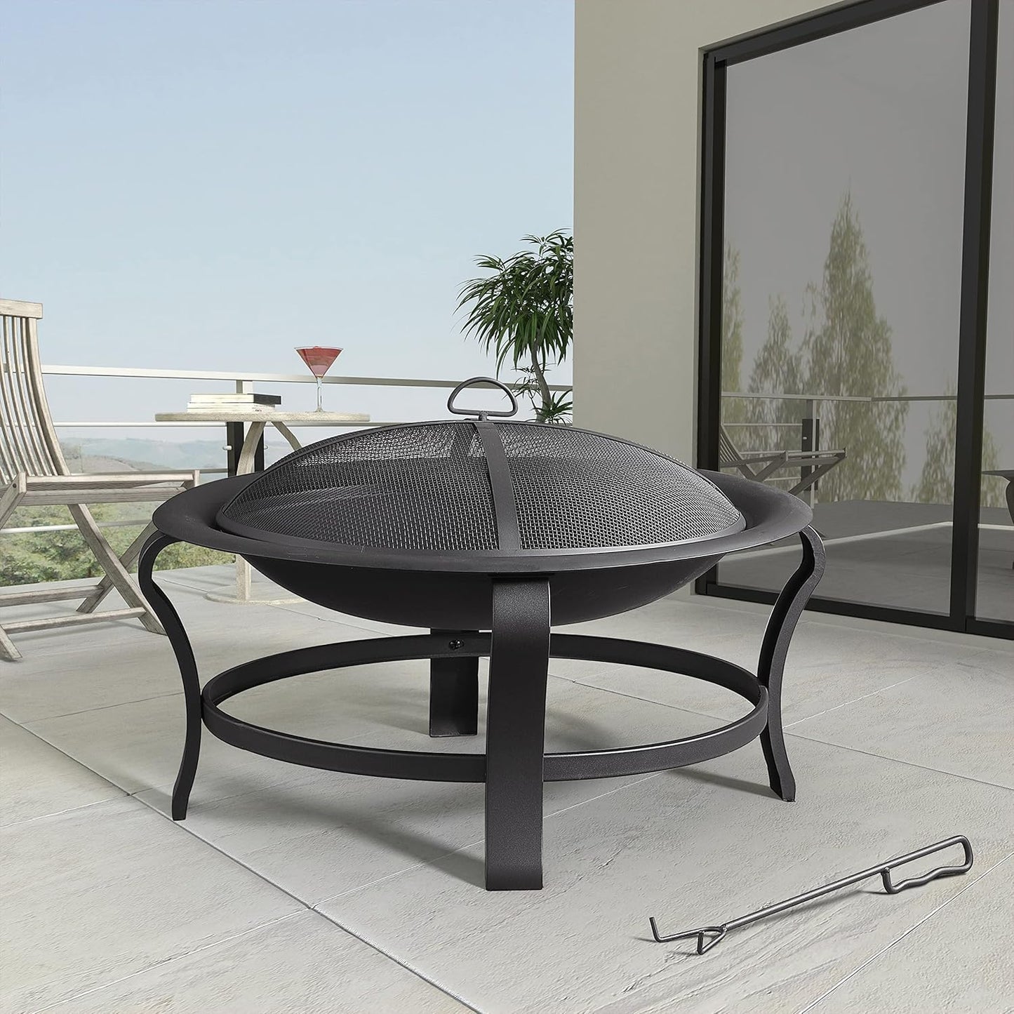 30 inch Steel Fire Pit Set, Wood Burning Pit - Includes Screen, Cover and Log Poker - Great for Outdoor and Patio, 30" Round Crossweave Firepit