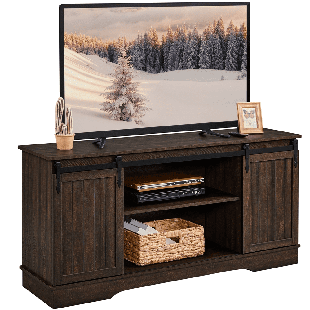 Alden Design 58in Rustic Style Sliding Barn Door TV Stand for TVs up to 65in, Dark Walnut