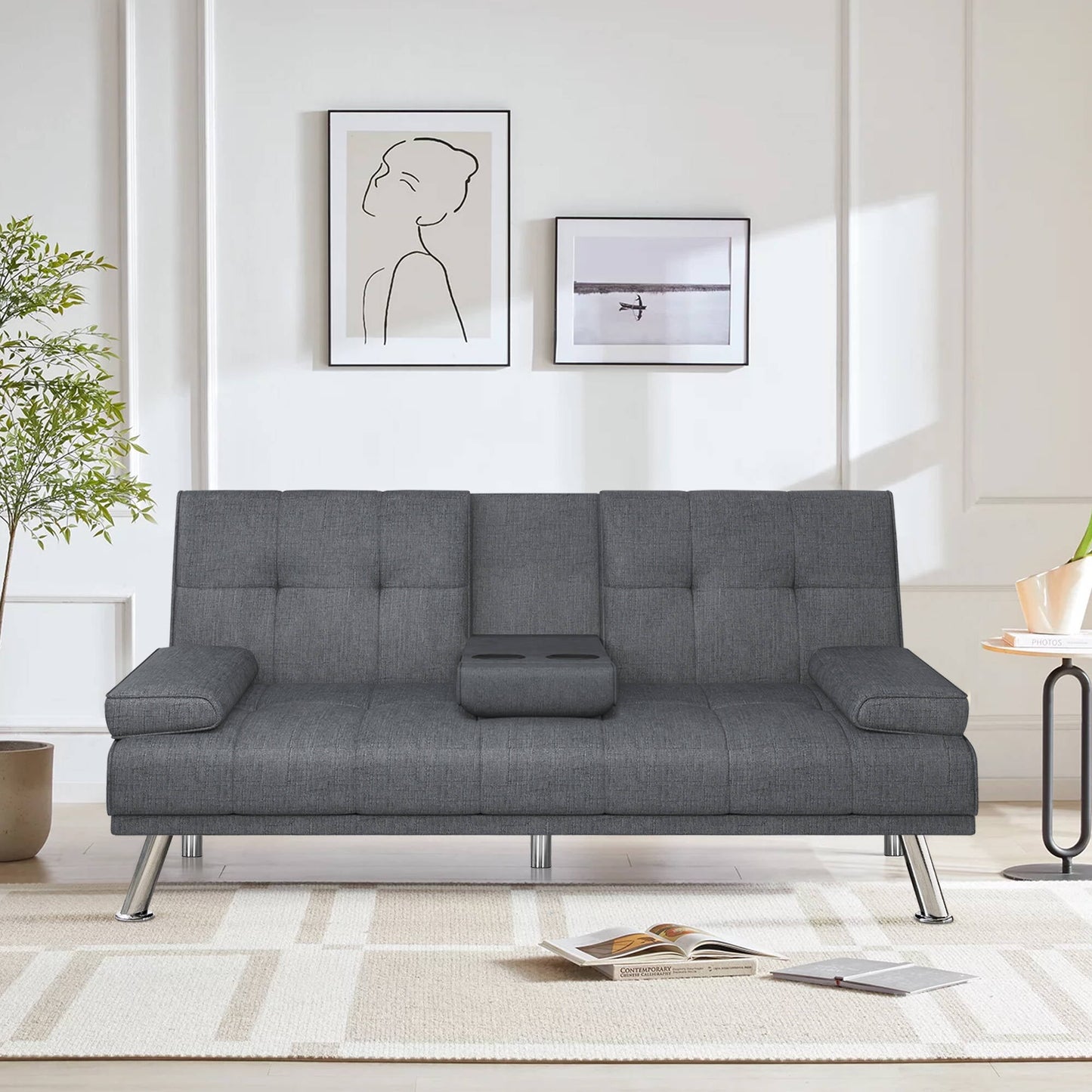 Clipeyh Modern Sofa Bed Folding Linen Futon Removable Armrests with 2 Cupholders Metal Legs